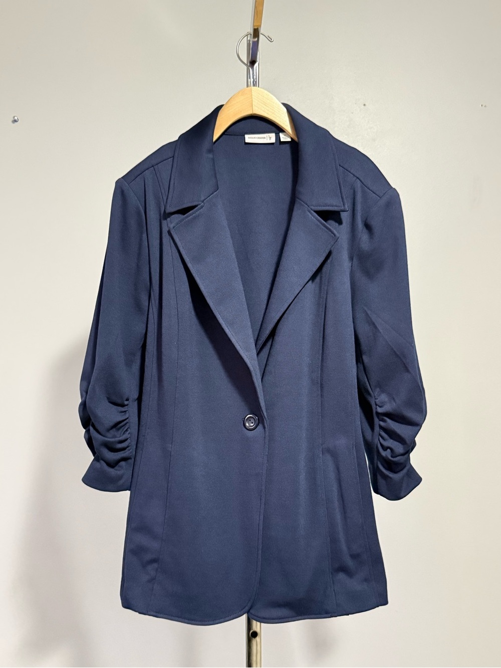 Susan Graver Navy Liquid Knit Ruched 3/4 Sleeve One Button Blazer XL Pockets